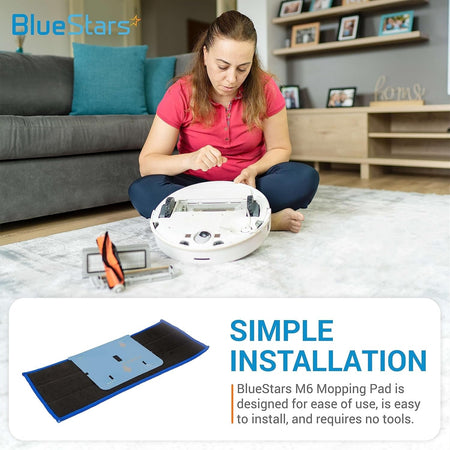 Woman installing a blue wet mopping pad onto a Braava Jet m6 robot mop to demonstrate simple installation.