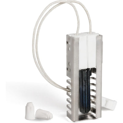W11208965 gas range oven igniter with protective metal cage and wire leads for Whirlpool and Amana ovens.