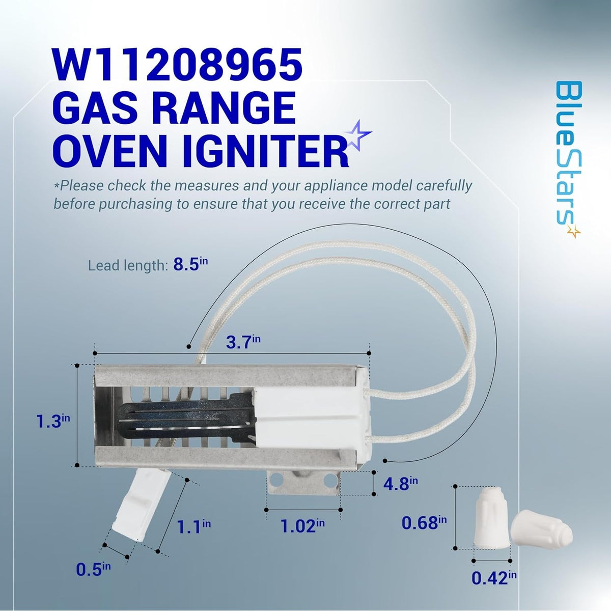 W11208965 gas range oven igniter replacement part with detailed dimensional measurements and wire lead length.