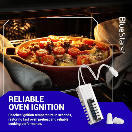 W11208965 gas range oven igniter replacement part shown with wire leads and wire nuts in a promotional graphic.