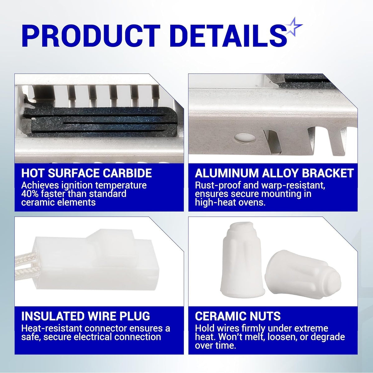 W11208965 gas range oven igniter product detail collage showing carbide element, aluminum bracket, wire plug, and nuts.
