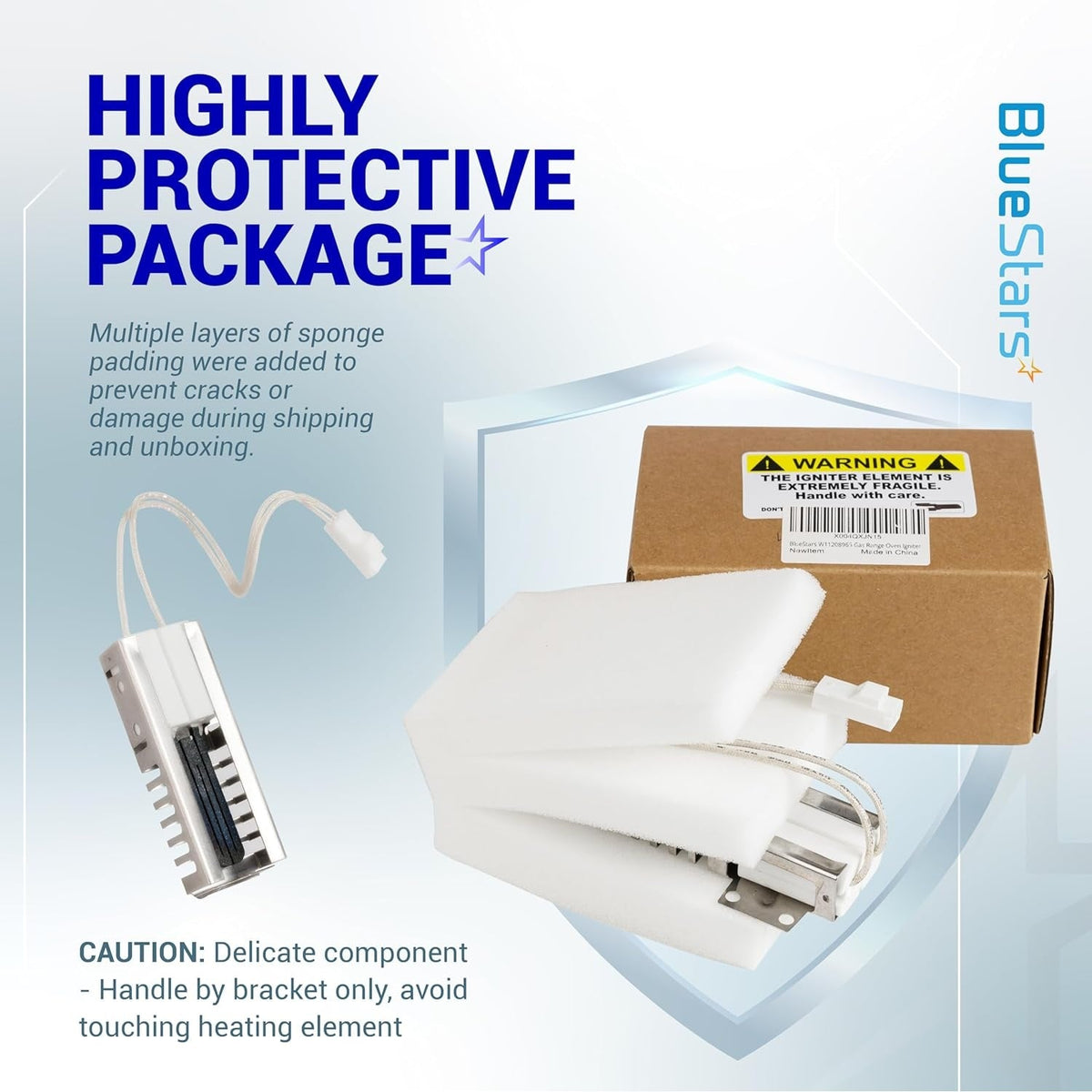 W11208965 gas range oven igniter in protective sponge packaging with shipping box.