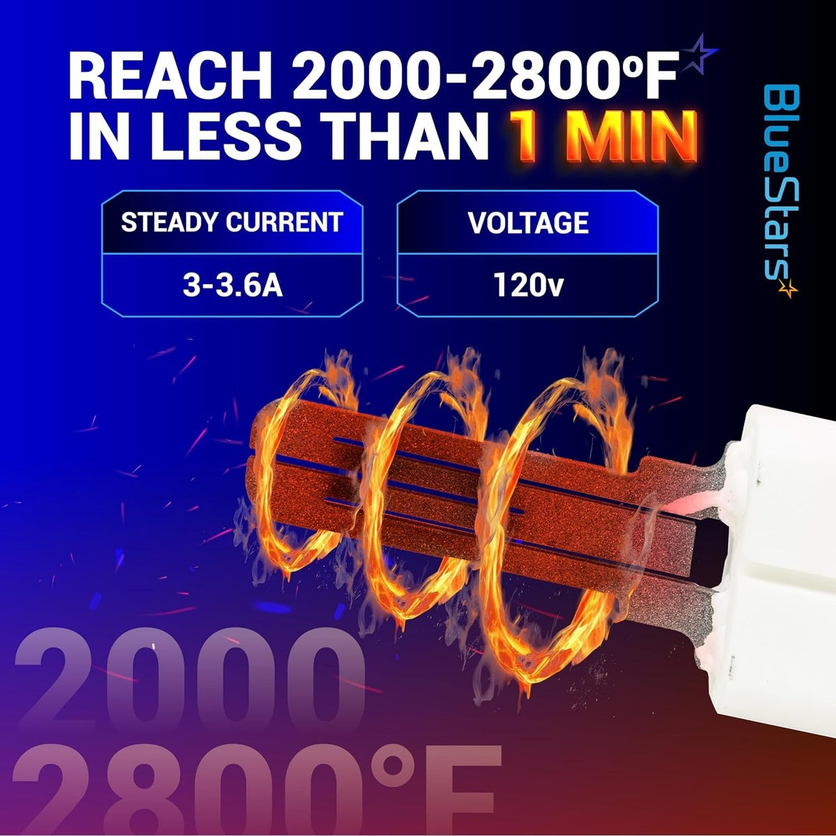 W11208965 gas range oven igniter heating element showing 120V performance and 2000-2800°F temperature capability.