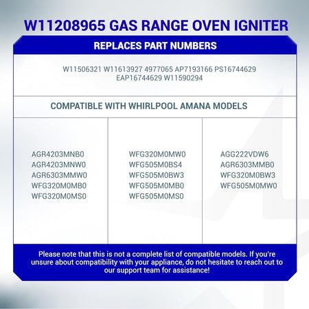 Compatibility chart for W11208965 gas range oven igniter listing replacement part numbers and Whirlpool Amana models.