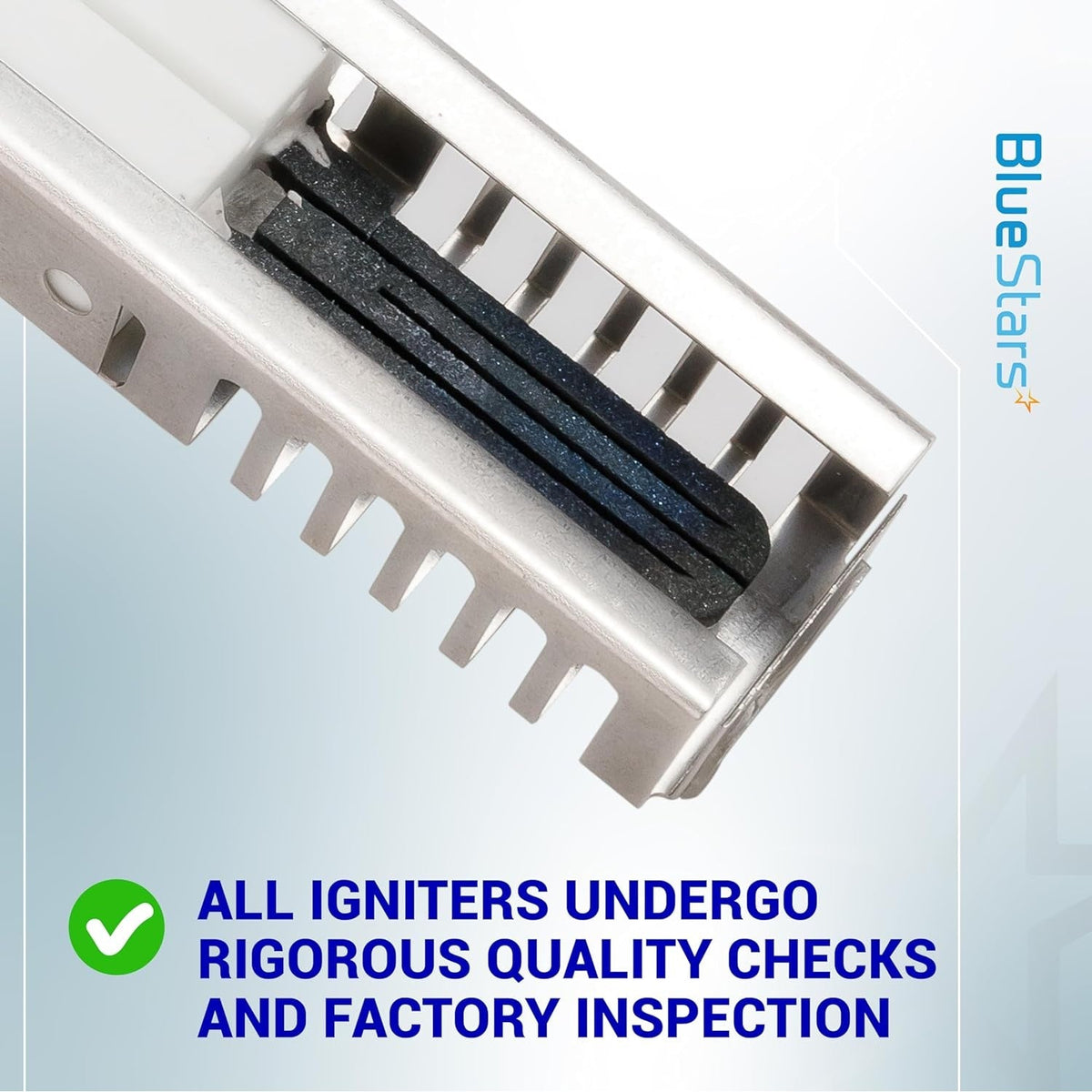 Close-up of W11208965 gas range oven igniter heating element with quality inspection text overlay.