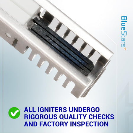 Close-up of W11208965 gas range oven igniter heating element with quality inspection text overlay.