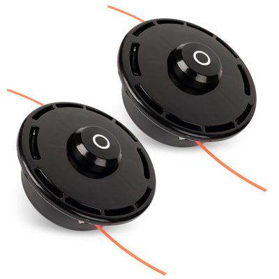 Two 511010601 black trimmer heads with orange cutting lines, compatible with Redmax string trimmers.
