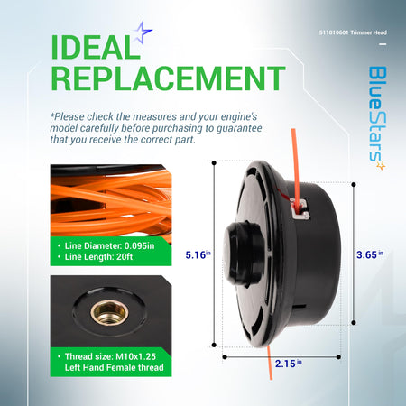 511010601 trimmer head replacement with dimension specifications and M10x1.25 left-hand female thread detail.