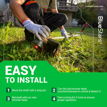 Person installing a 511010601 trimmer head on a Redmax string trimmer with easy installation steps shown.