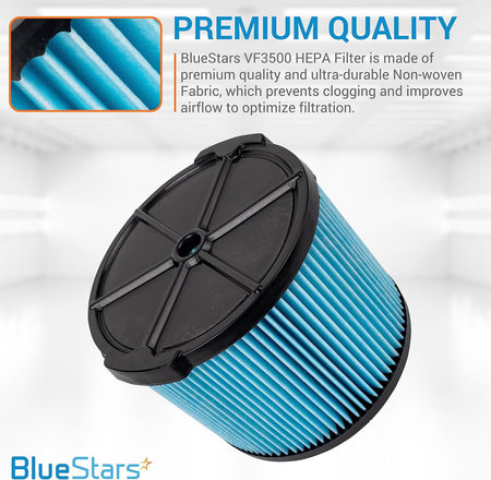BlueStars VF3500 replacement filter for Ridgid wet dry vacuums with close-up of non-woven fabric pleats.