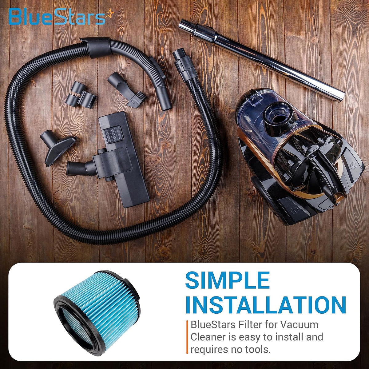 BlueStars VF3500 replacement filter shown with wet dry vacuum cleaner accessories and installation instructions.