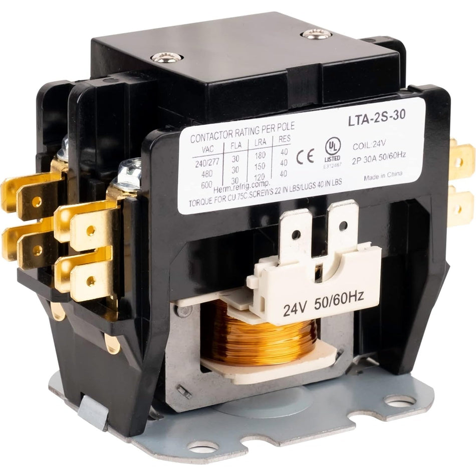 2-pole 30 amp contactor with 24VAC coil and visible electrical rating label.