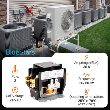 Close-up of a 2-pole 30 Amp contactor with a 24VAC coil and technical specifications displayed.