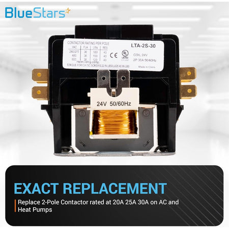 Front view of a 2-pole 30 Amp contactor with a 24VAC coil and electrical rating label.