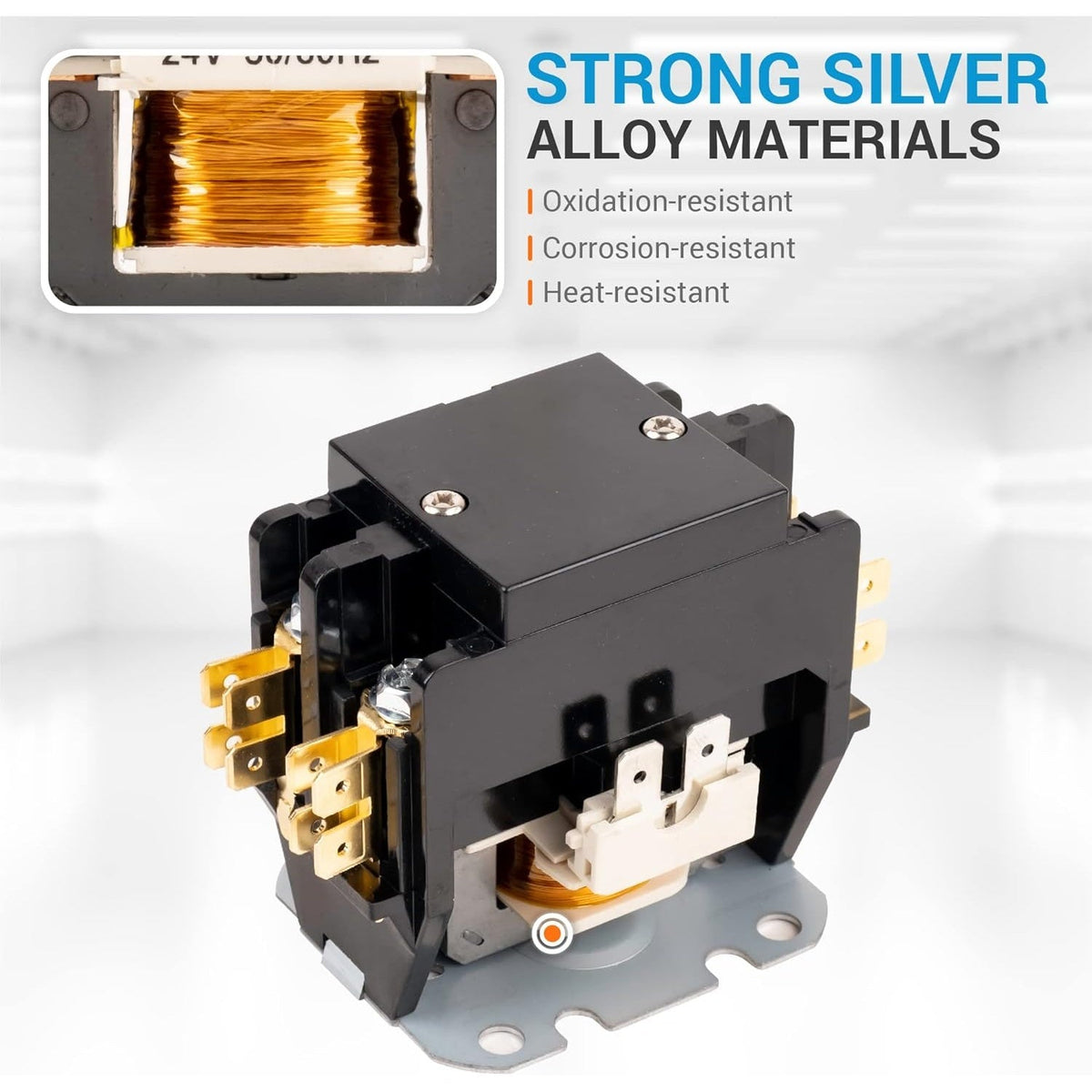 30 Amp 2 Pole contactor with 24VAC coil and close-up view of internal silver alloy coil windings.