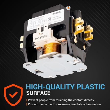 30 Amp 2-pole contactor with 24VAC coil showing copper winding and rating label.