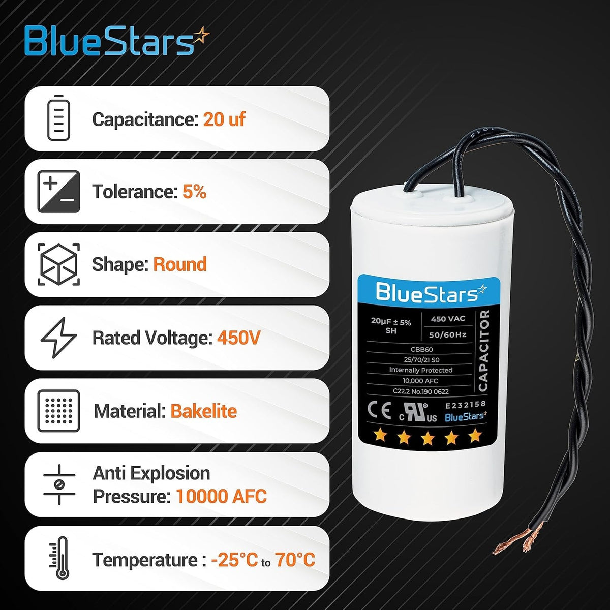20 uF 450 VAC CBB60 run capacitor with technical specification infographic.