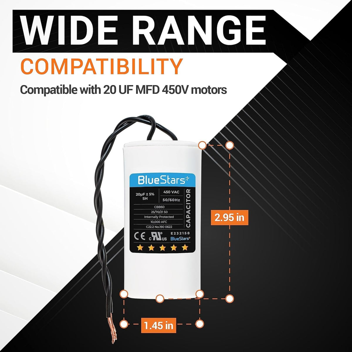 20 uF 450 VAC CBB60 run capacitor with dimensions labeled for AC motor compatibility.