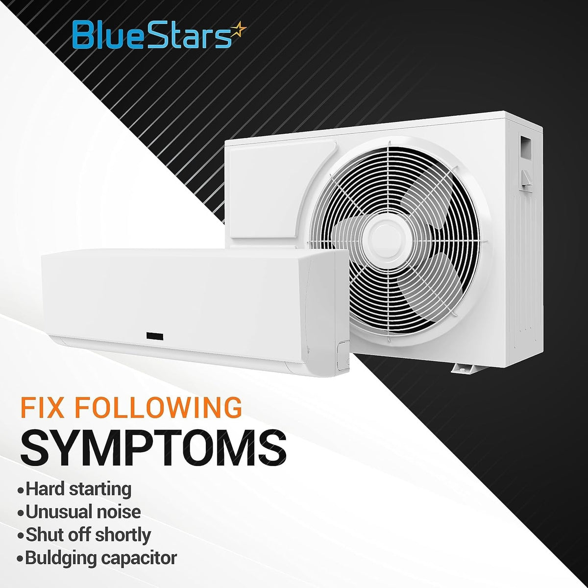 Air conditioner unit showing symptoms like hard starting or unusual noise that require a replacement run capacitor.