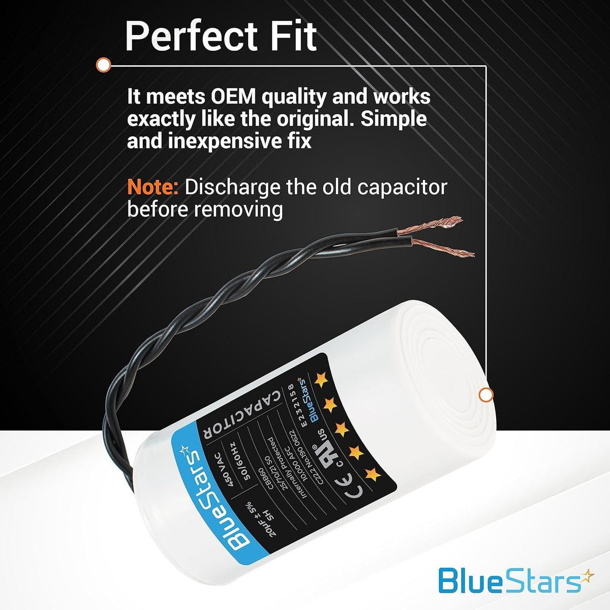 20 uF 450 VAC CBB60 run capacitor with wire leads and OEM quality label detail.