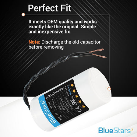 20 uF 450 VAC CBB60 run capacitor with wire leads and OEM quality label detail.