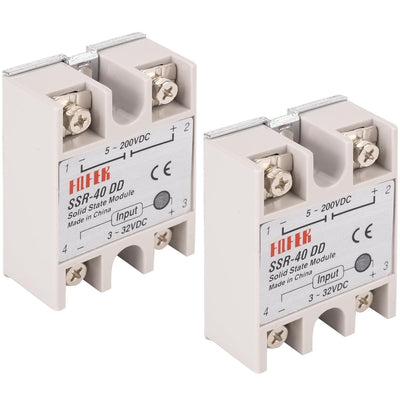 Two SSR-40DD DC-to-DC solid state relay modules with screw terminals.