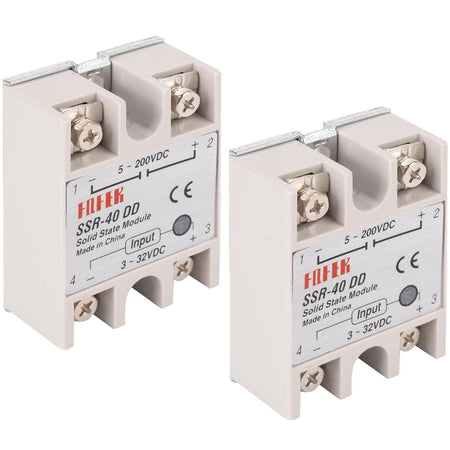 Two SSR-40DD DC-to-DC solid state relay modules with screw terminals.