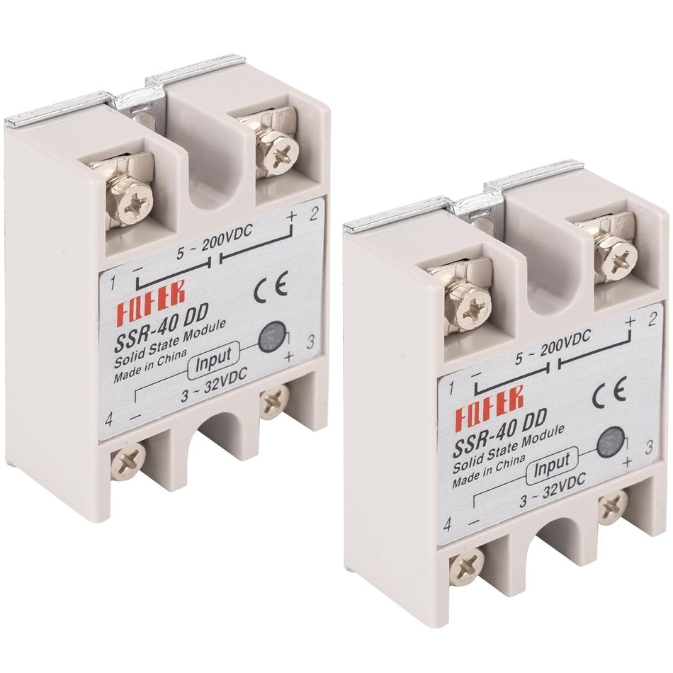 Two SSR-40DD DC-to-DC solid state relay modules with screw terminals.
