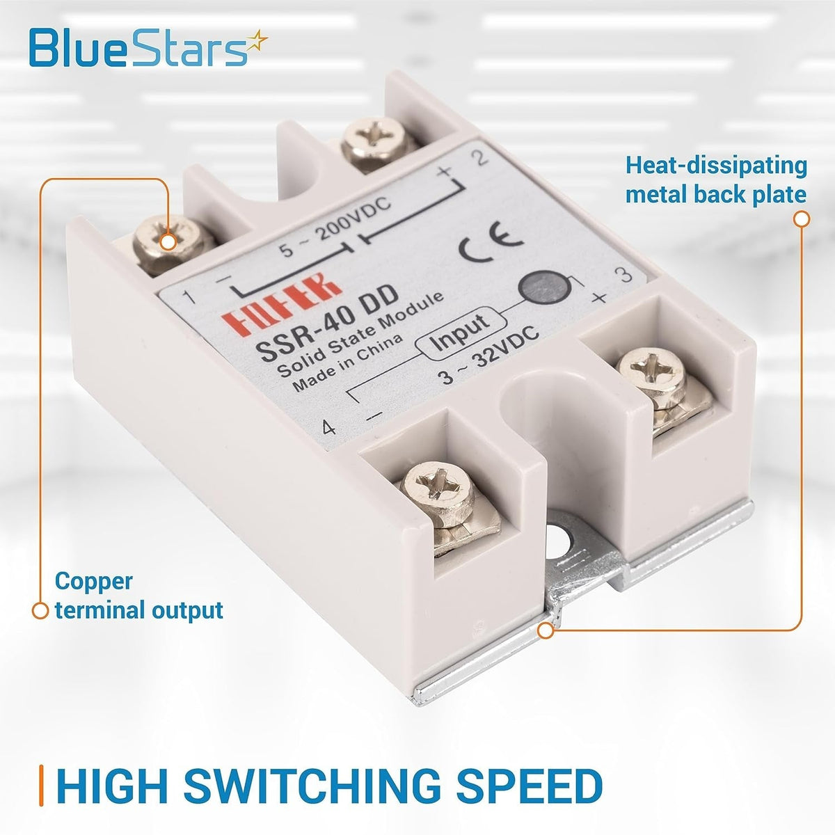Single SSR-40DD solid state relay module with copper terminal outputs and heat-dissipating metal back plate.