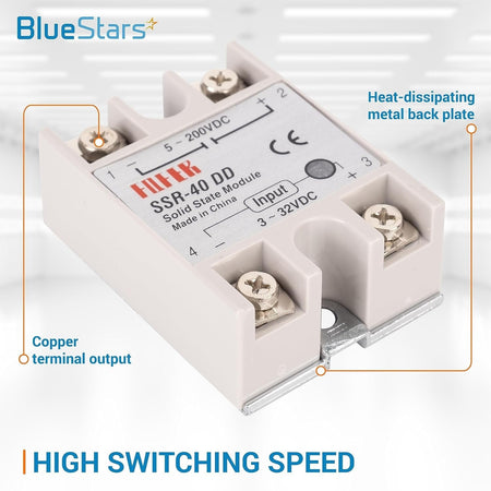 Single SSR-40DD solid state relay module with copper terminal outputs and heat-dissipating metal back plate.