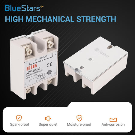 Two SSR-40DD solid state relays showing front and back views with screw terminals and technical specifications.