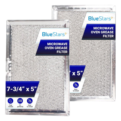 Two BlueStars 5" x 7-3/4" microwave oven grease filter replacements for LG and GE over-the-range microwaves.