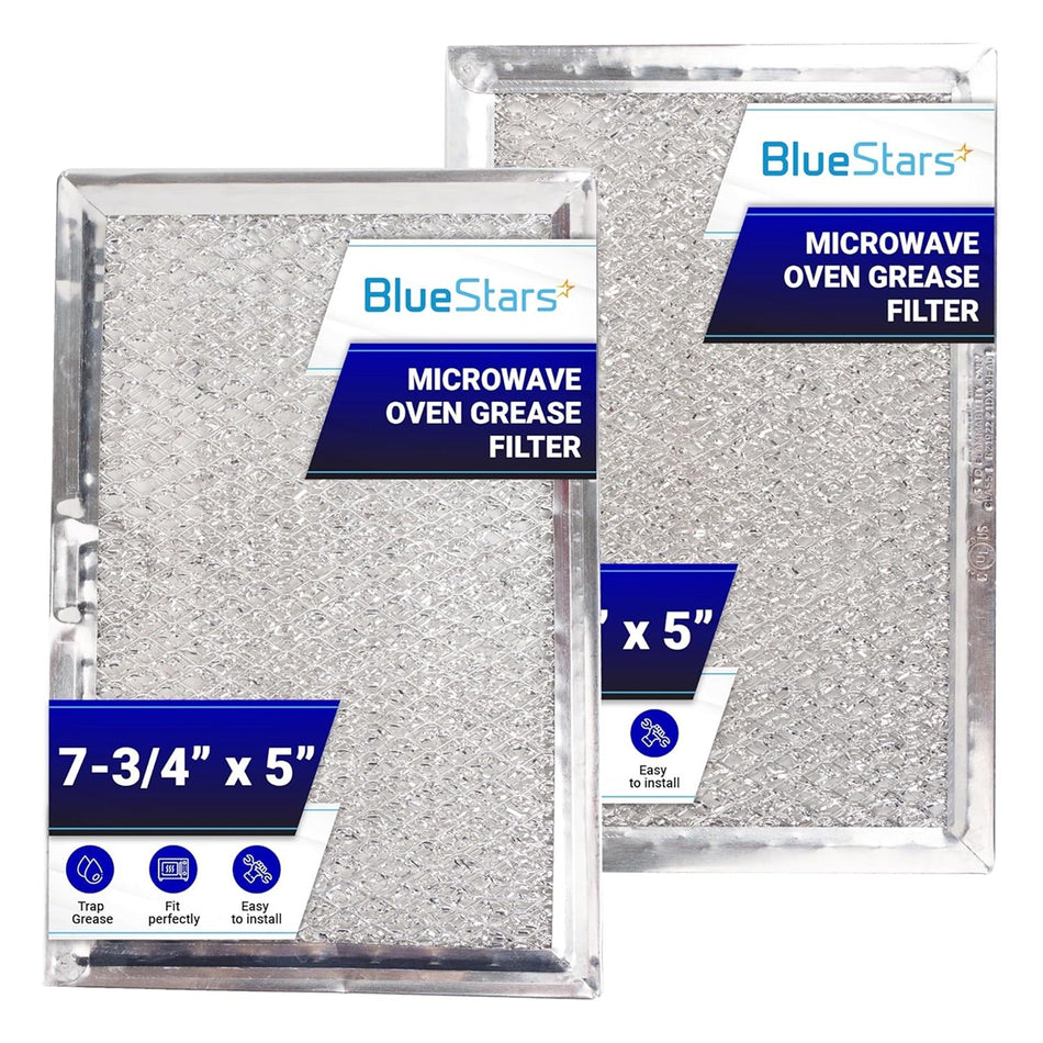 Two BlueStars 5" x 7-3/4" microwave oven grease filter replacements for LG and GE over-the-range microwaves.