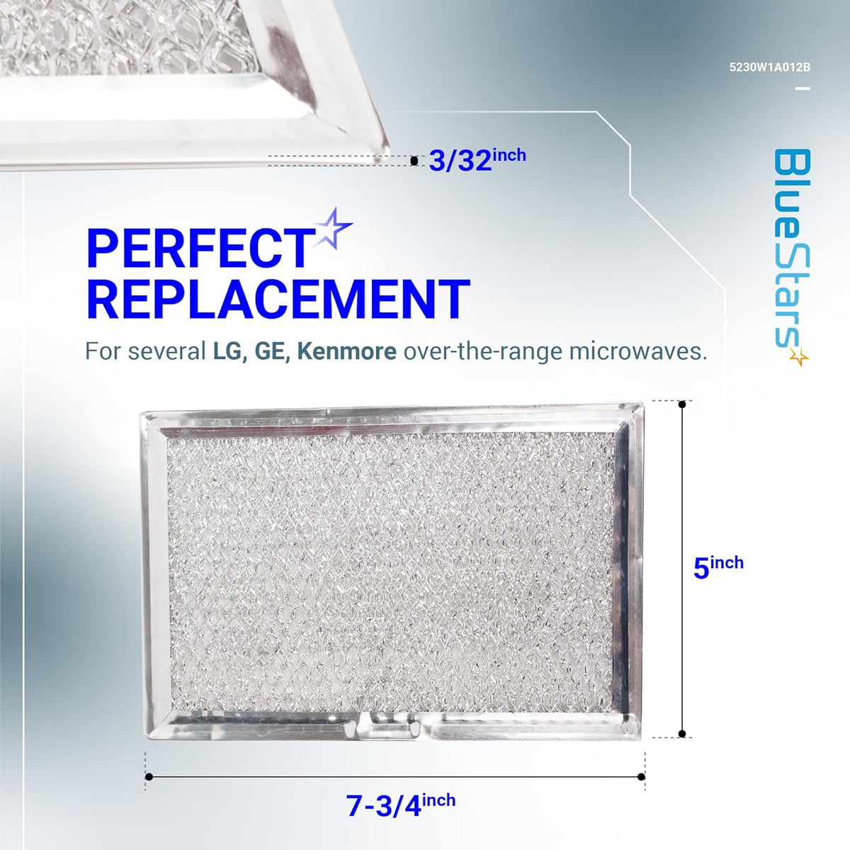 Microwave oven grease filter replacement showing 5" x 7-3/4" dimensions and 3/32" thickness for LG and GE microwaves.