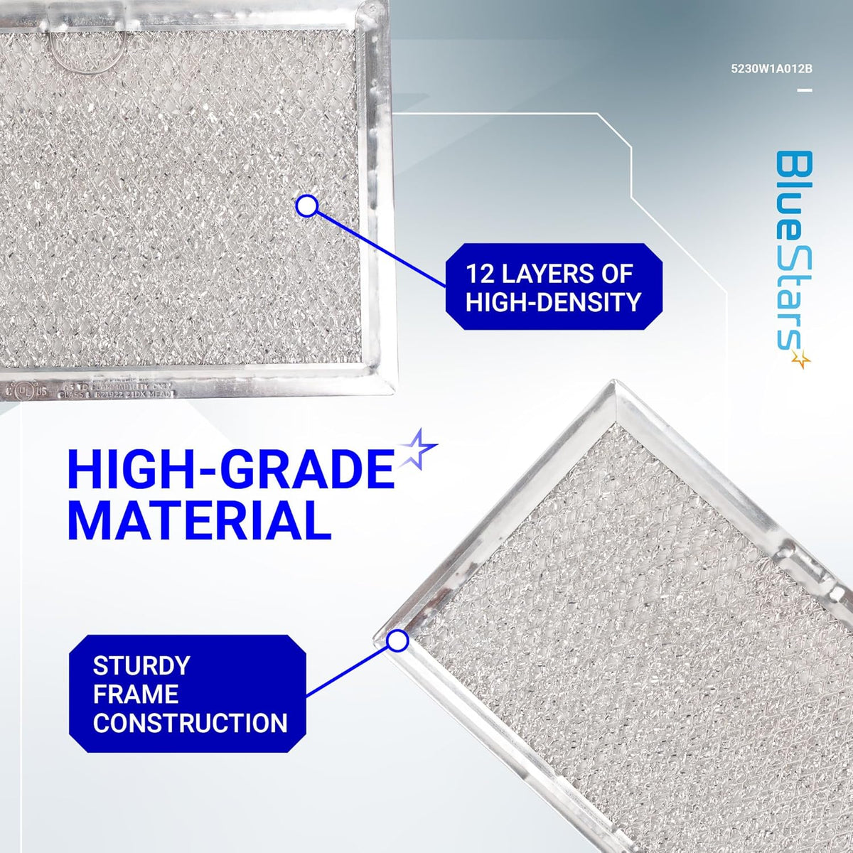 Two 5" x 7-3/4" microwave grease filter replacements featuring 12-layer high-density mesh and sturdy metal frames.