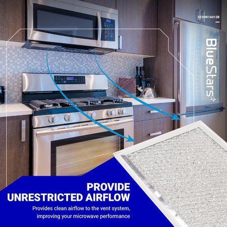 Microwave oven grease filter replacement shown installed in an over-the-range microwave vent system.