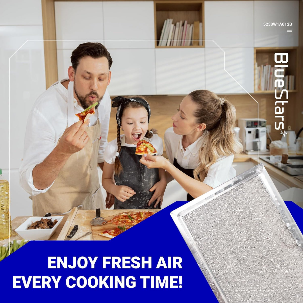 Replacement microwave grease filter for LG and GE over-the-range ovens, lifestyle marketing graphic.