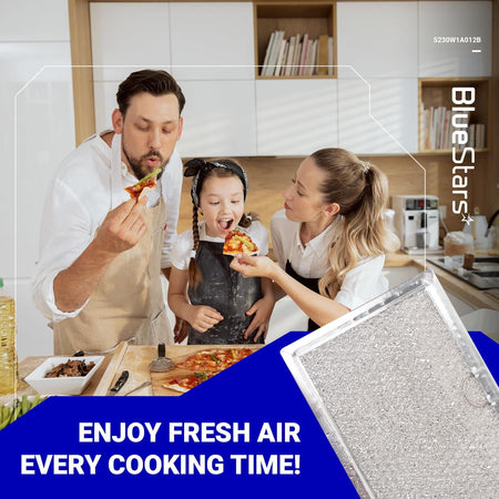 Replacement microwave grease filter for LG and GE over-the-range ovens, lifestyle marketing graphic.