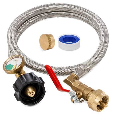 3-foot stainless steel propane refill hose with pressure gauge, control valve, brass cap, and thread seal tape.