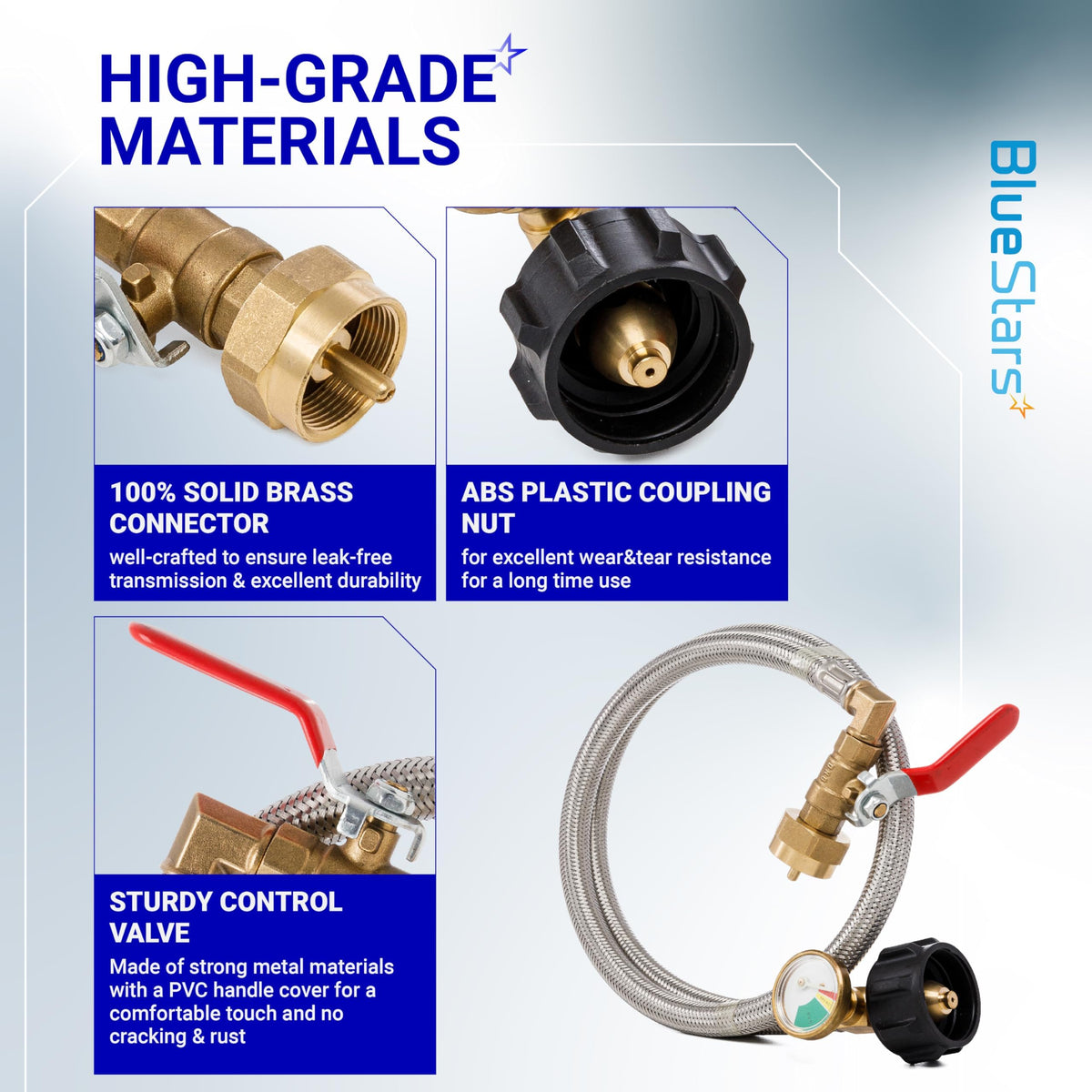 Infographic showing high-grade materials of propane refill adapter hose including brass connector, coupling nut, and valve.