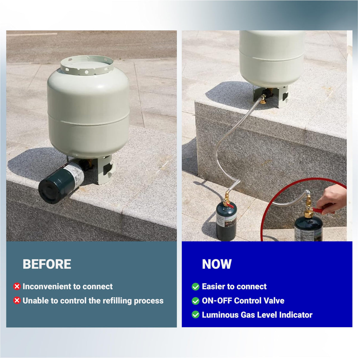 Comparison of propane tank refilling process using a 3-foot stainless steel adapter hose with control valve and gauge.