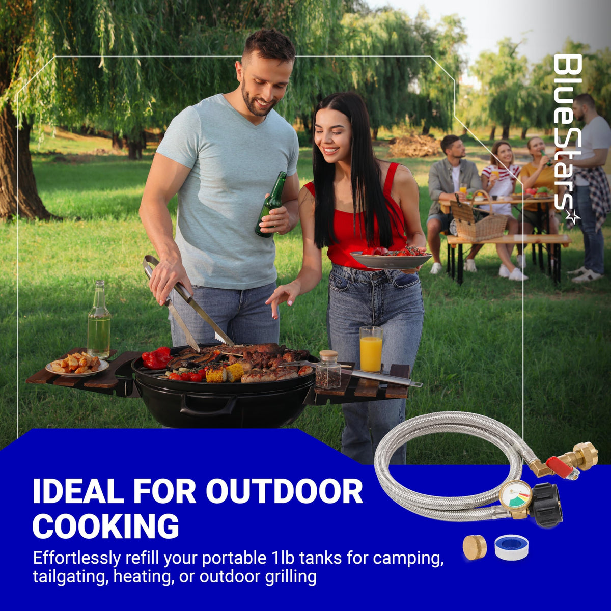 3-foot stainless steel propane refill adapter hose with gauge and control valve for outdoor grilling and camping.
