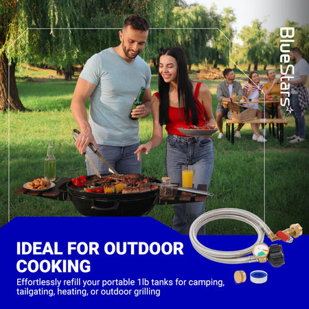 3-foot stainless steel propane refill adapter hose with gauge and control valve for outdoor grilling and camping.