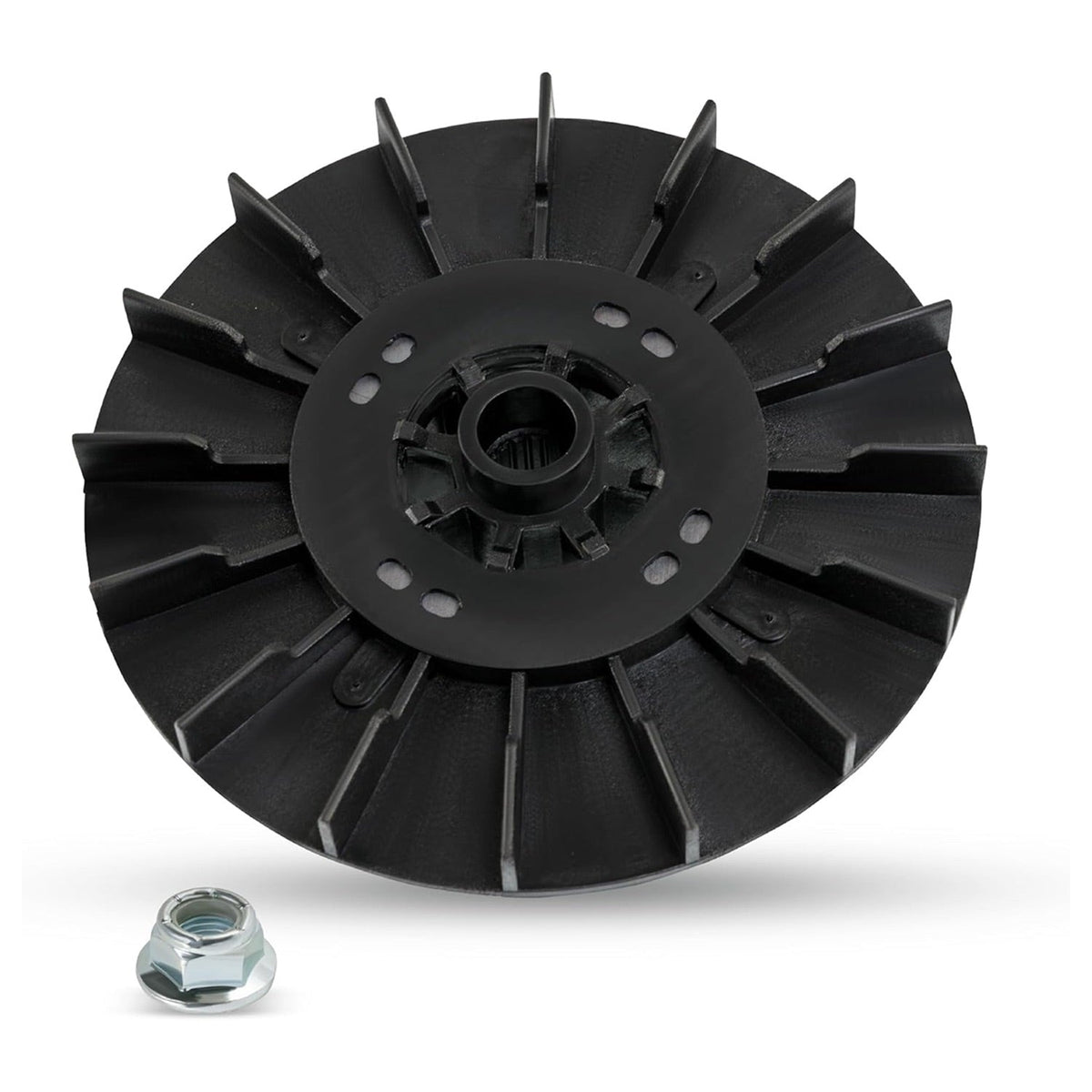 Black plastic 1/2 HP motor pulley and metal mounting nut for GE washing machines.