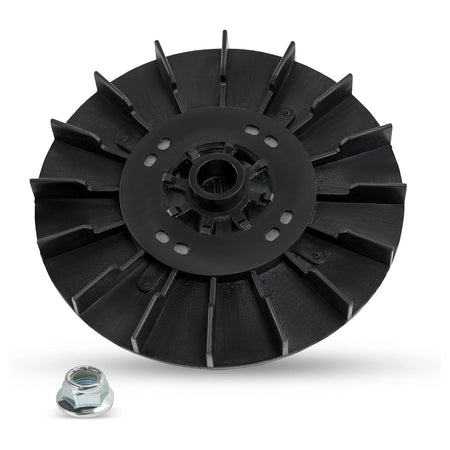Black plastic 1/2 HP motor pulley and metal mounting nut for GE washing machines.