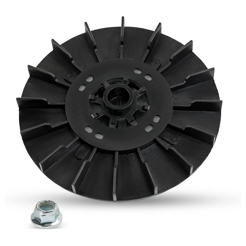 Black plastic 1/2 HP motor pulley and metal mounting nut for GE washing machines.