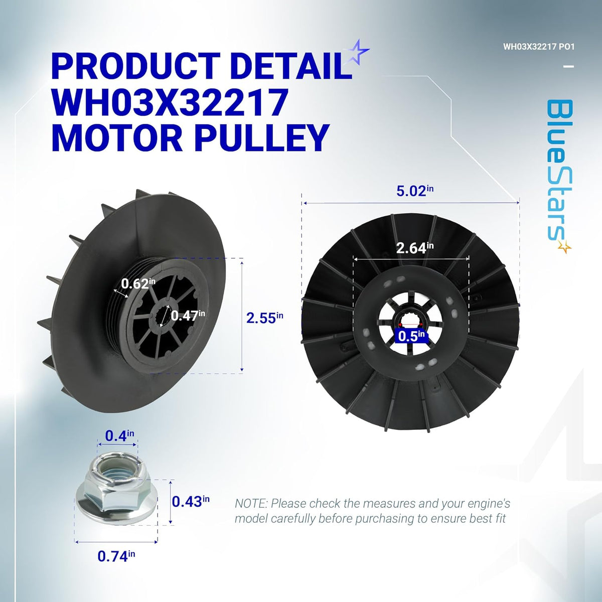 WH03X32217 washer motor pulley and nut set with detailed dimensional measurements for GE washer compatibility.