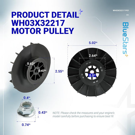 WH03X32217 washer motor pulley and nut set with detailed dimensional measurements for GE washer compatibility.