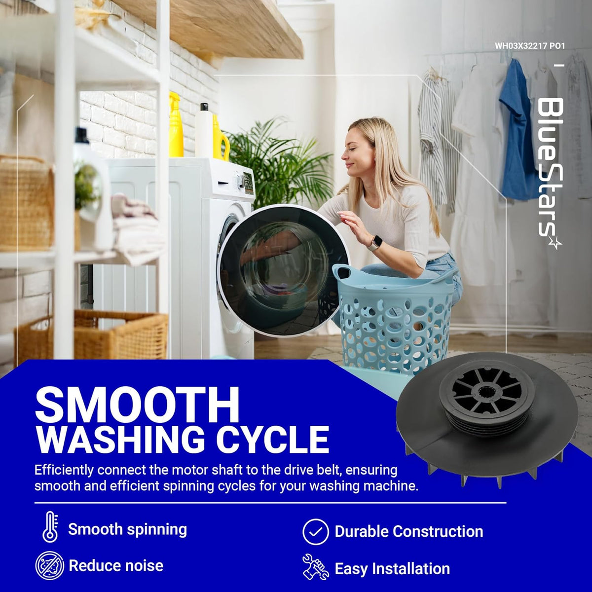 WH03X32217 washer motor pulley replacement part shown in a lifestyle graphic for GE washing machines.
