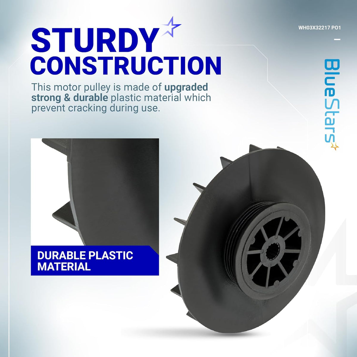 WH03X32217 washer motor pulley made of durable plastic, shown with close-up detail of construction.